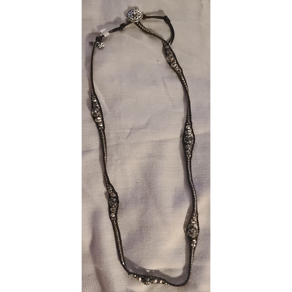 Chan Luu Black Leather Beaded Wrap Necklace Silver Tone Crystals Adjustable